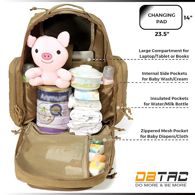 Diaper Bag Backpack for Dad, DBTAC Large Baby Nappy Bag for Men w/Changing Mat, Insulated+Wipe Pockets, Stroller Straps, Tan