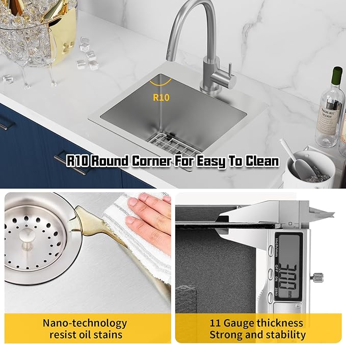 Small Kitchen Sink,15x15 Inch Bar Sink Stainless Steel Drop In Small Kitchen Sink Ideal Choice For Small Space Nice As Toprmount Prep Sink,RV Kitchen Sink With Bottom Grid,Soap Mat And Drain Assembly