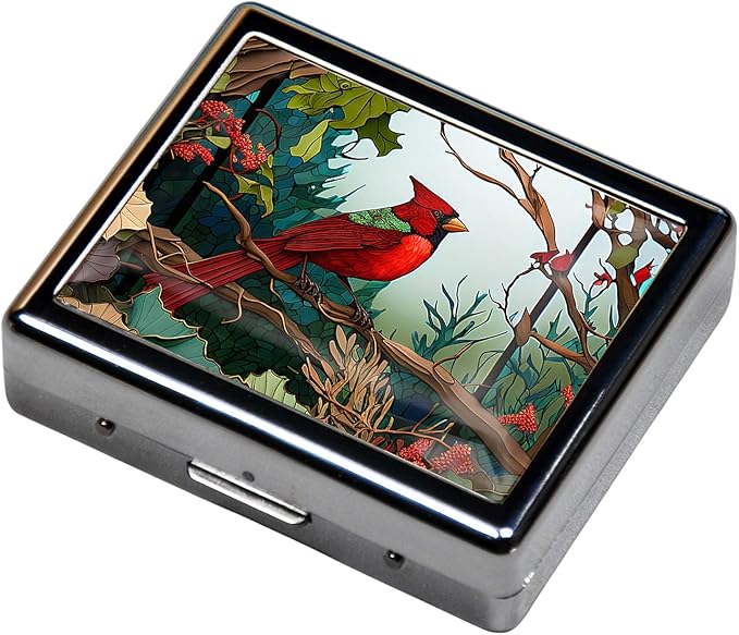Silver Vintage Pill Box 7 Day Metal Pill Box with Mirror and 8 Compartments Cute Travel Pill Organizer for Purse (Cardinal Stained Glass)