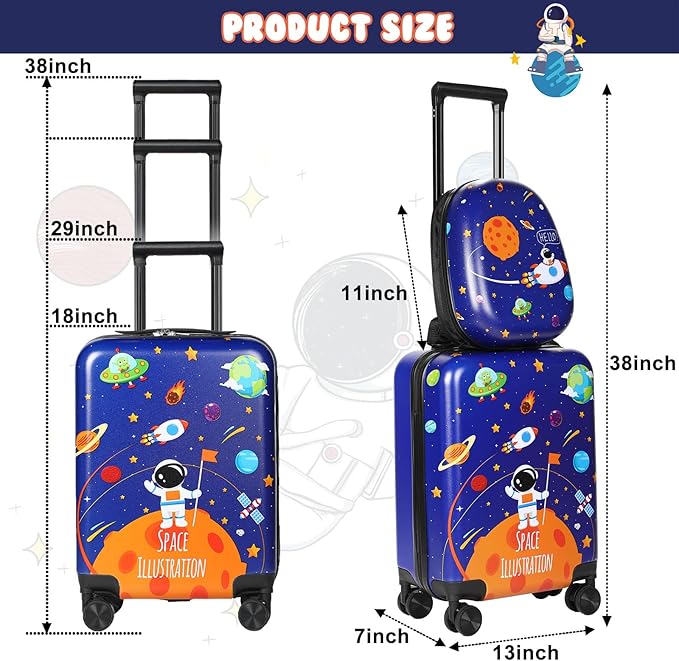 Weewooday Kids Luggage and Backpack 18" Suitcase with Spinner Wheel Hard Case Travel 13" Backpack Girl Suitcase Set for Kids Travel Supplies(Blue,Spaceman Style)