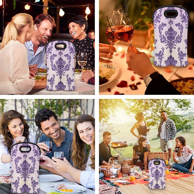 Neoprene Wine Tote, Bottle Carrier Gag Insulating Neoprene Thicker, Insulated Wine Bag for Travel Holds Two Bottles, Bottle Carrier Bags Protect the Bottles, Purple Totem