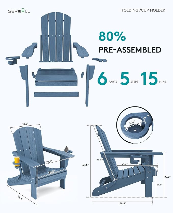 SERWALL Folding Adirondack Chair, HDPE Adirondack Chairs Set of 8, Plastic Outdoor Chairs- Looks Exactly Like Real Wood- Navy
