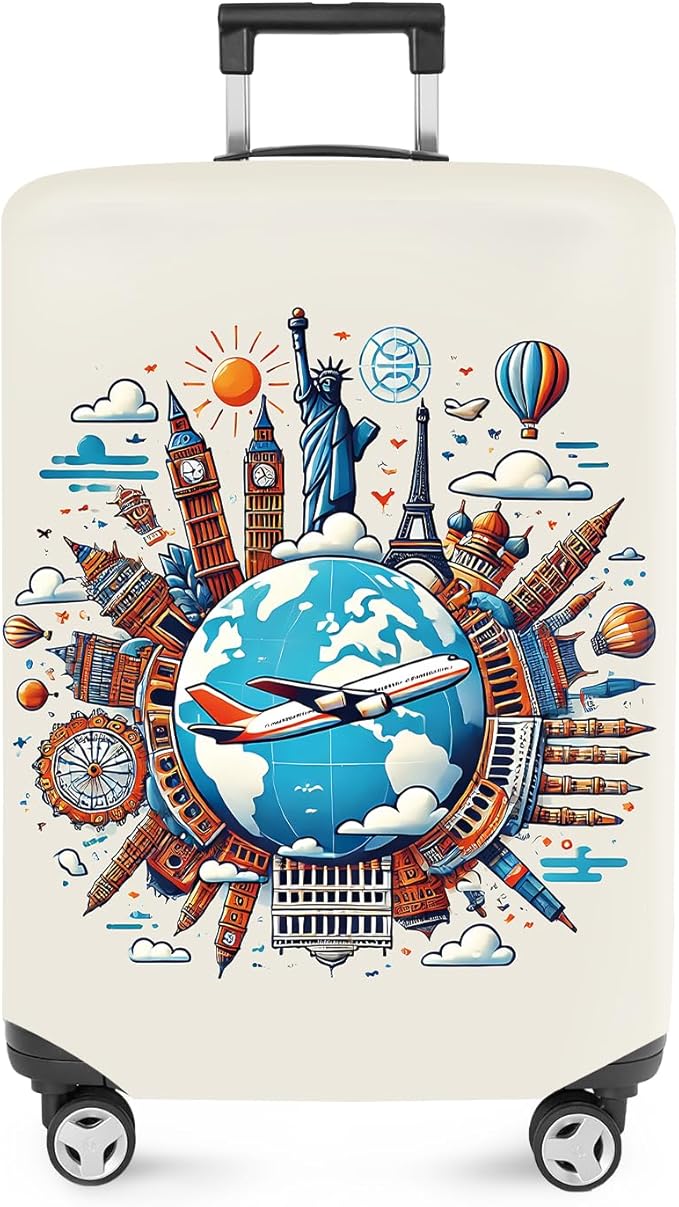 ANNA QUEEN Travel Around the World Luggage Cover, Colorful Landmark Suitcase Protector with Airplane & Globe Design, Stretchable, Washable Travel Sleeve for 28-30 Inch Luggage