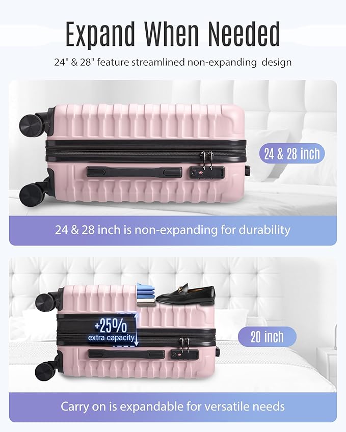 LIGHT FLIGHT Luggage Sets, 3 Piece Durable Suitcase Set with Spinner Wheels, 3 Pcs Hardside Lightweight luggage with TSA Lock, Large Checked Travel Suitcases, 20/24/28 Inch, Pink