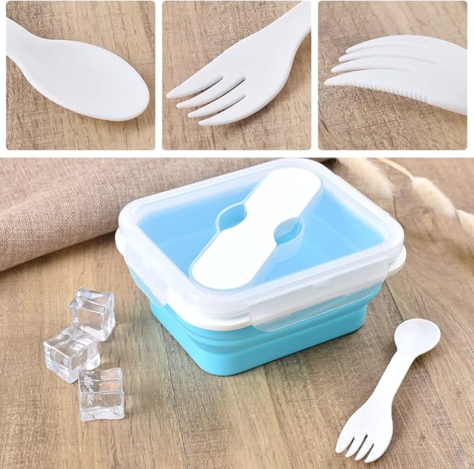 Silicone Lunch Container With Spoon & Fork, Bento Box, Collapsible Food Storage Container with Clip-on Lid, 20 Oz