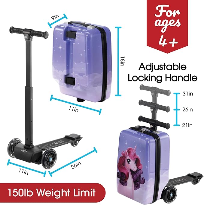 KIDDIETOTES Detachable 4-in-1 Scooter Luggage for Kids – Ride-On Suitcase with Removable Luggage Body, Adjustable Handlebar, Durable Deck & Brake, Carry-On Size – Travel & Play