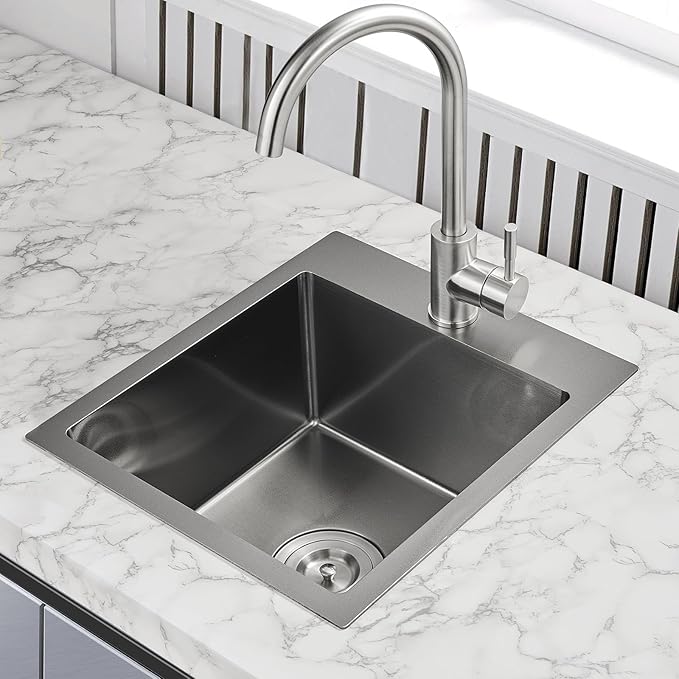 POPFLY Kitchen Sink, 15×17 Inch Drop In Black Small Kitchen Sinks, 18 Gauge Stainless Steel Bar Prep Rv Single Bowl Utility Sink, Fregaderos De Cocina Modernos