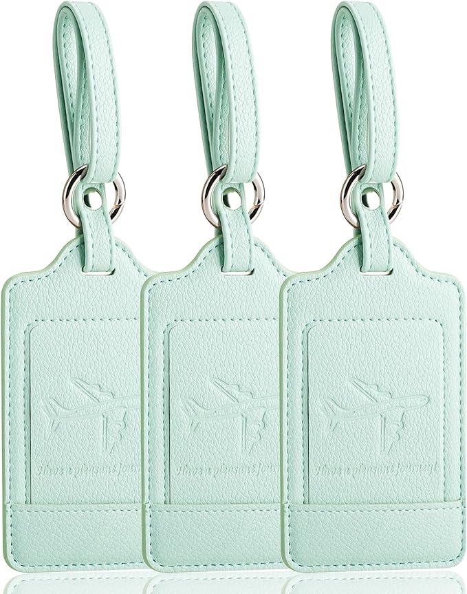 Teskyer Luggage Tags, 3 Pack Premium PU Leather Luggage Tags for Suitcases, Privacy Protection Travel Bag Tags, Lichee Light Green