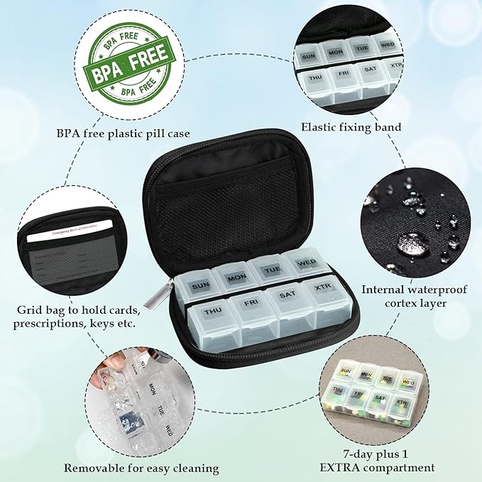 Serfeymi Weekly Travel Pill Organizer Pill Case for Purse with Removable 7 Day Pill Box, Fashionable Travel Medicine Organizer Pill Container for Medicine, Vitamin, Supplement - Black 02