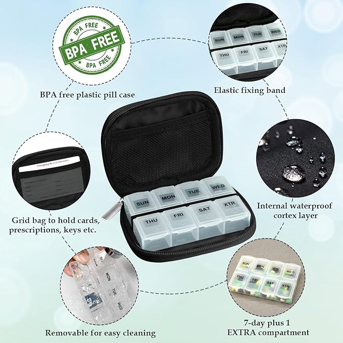 Serfeymi Weekly Travel Pill Organizer Pill Case for Purse with Removable 7 Day Pill Box, Fashionable Travel Medicine Organizer Pill Container for Medicine, Vitamin, Supplement - Black 01