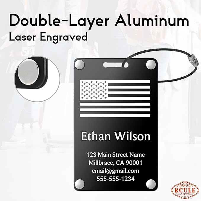 Personalized Luggage Tags: Custom Metal Luggage Tags for Suitcases, Backpacks and Bags with Your Personalized Text (Black)