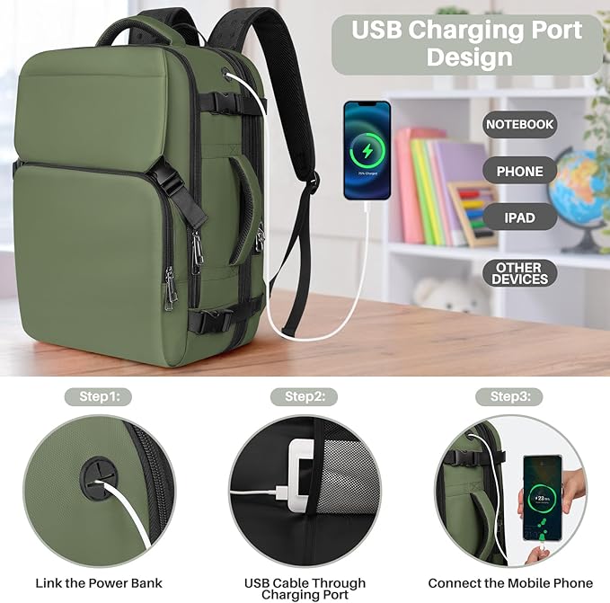 Travel Backpack Carry On Flight Approved, Lightweight Large Travel Backpack, Expandable with USB Charging Hole, Waterproof Causal Bookbag for Travel Work College Fits 17 inch Laptop, Green
