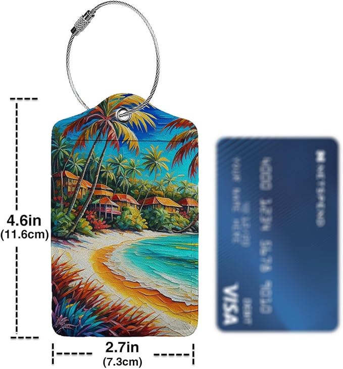 Seaside Town 2-Pcs Premium Leather Tags with Privacy Covers,Luggage Tag Stainless Steel Loops Ideal for Suitcases, Travel Bags, Backpacks