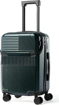 UrbanExplorer 20 Inch Carry-On Luggage with Front Opening, Cup Holder & USB Port, Lightweight ABS+PC Hardshell Spinner Suitcase, Airline Approved, 360° Wheels, Dark Green
