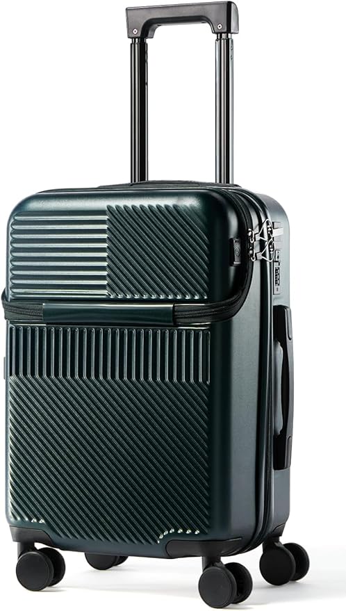 UrbanExplorer 20 Inch Carry-On Luggage with Front Opening, Cup Holder & USB Port, Lightweight ABS+PC Hardshell Spinner Suitcase, Airline Approved, 360° Wheels, Dark Green