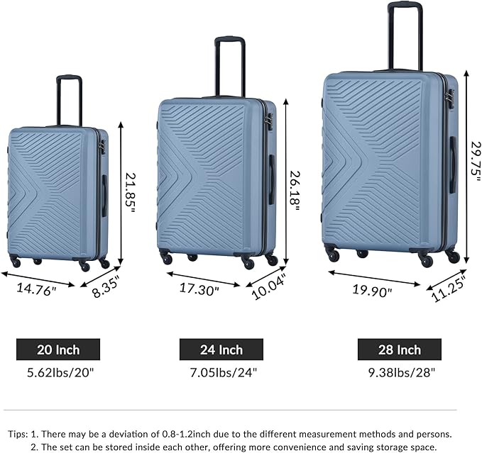 Campfun 3 Piece Luggage Sets, Hardshell ABS Luggage with TSA Lock, Carry On Suitcase Sets Lightweight Durable with 2 Hooks & Spinner Wheels, 20in/24in/28in - Light Blue(C)