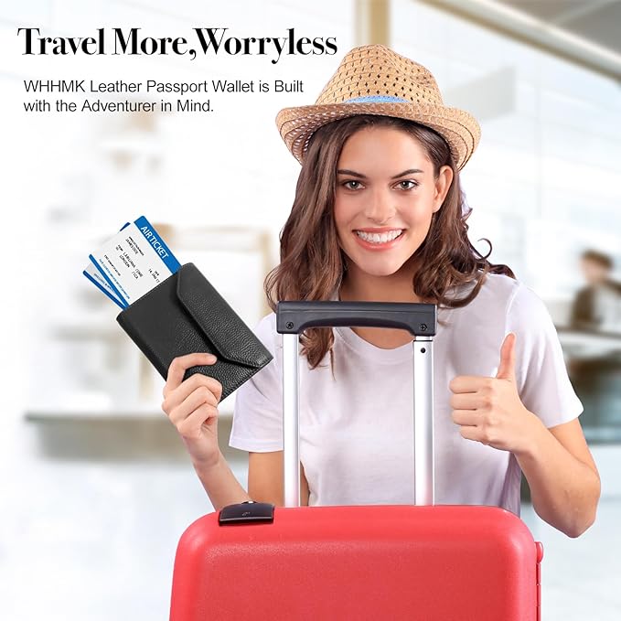 Leather Passport Holder for Travel,Passport Book Holder，Rfid Blocking Travel Wallet Protect Your Card Security, Travel Document Organizer for Men Women,Airport Essentials Gift (Black)