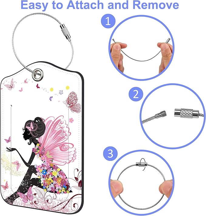 Set of 2 Luggage Tags for Suitcase Flower Fairy and Butterflies Leather Baggage Tags Set with Stainless Steel Loop Name Address Labels Privacy Cover for Men Women Travel Bag Suitcase