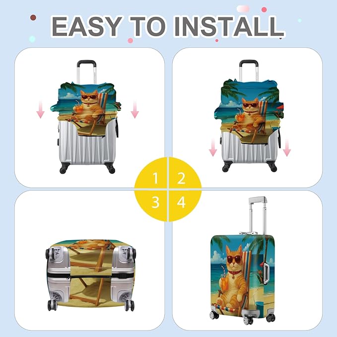 ANNA QUEEN Summer Cat Luggage Cover, Cat in Sunglasses with a Beach Drink, Stretchable, Washable Travel Protector for 24-26 Inch Suitcases