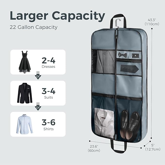 pack all 43" Premium Gusseted Travel Garment Bag, Heavy Duty Hanging Suit Bag, Foldable Dress Bag for Closet Storage, Suit Cover Protector for Clothes Shirts Dresses Coats(Grey)