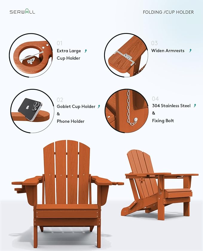 SERWALL Adirondack Chair with Cup Holders - Composite Adirondack Chairs Set of 2 HDPE Outdoor Chairs All Weather Use- Orange