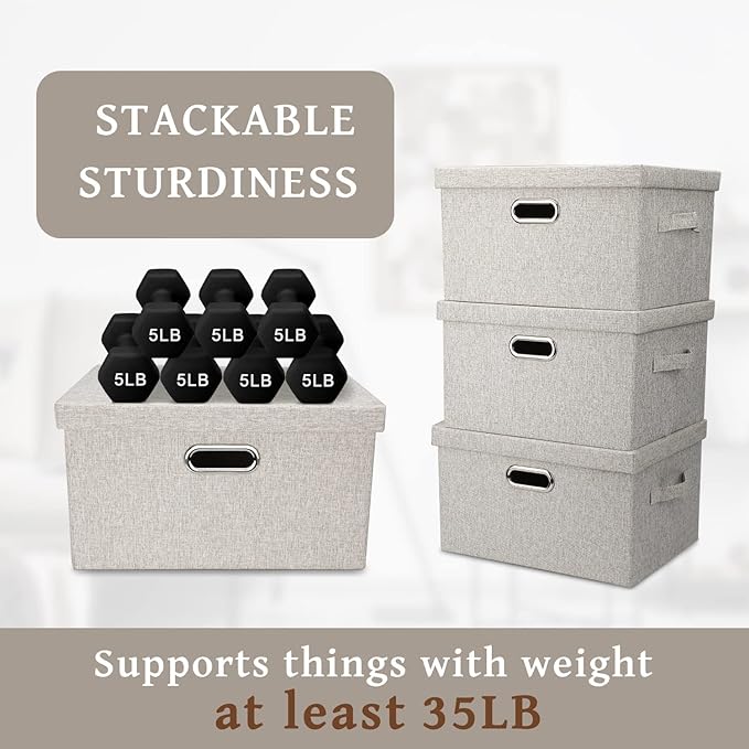 Medium 15" 21 Quart Collapsible Stackable Storage Bins with Lids, 5 Packs Beige Foldable Fabric Closet Boxes Heavy-duty Linen Cube Baskets Container for Bedroom Office (15 x 11 x 8)