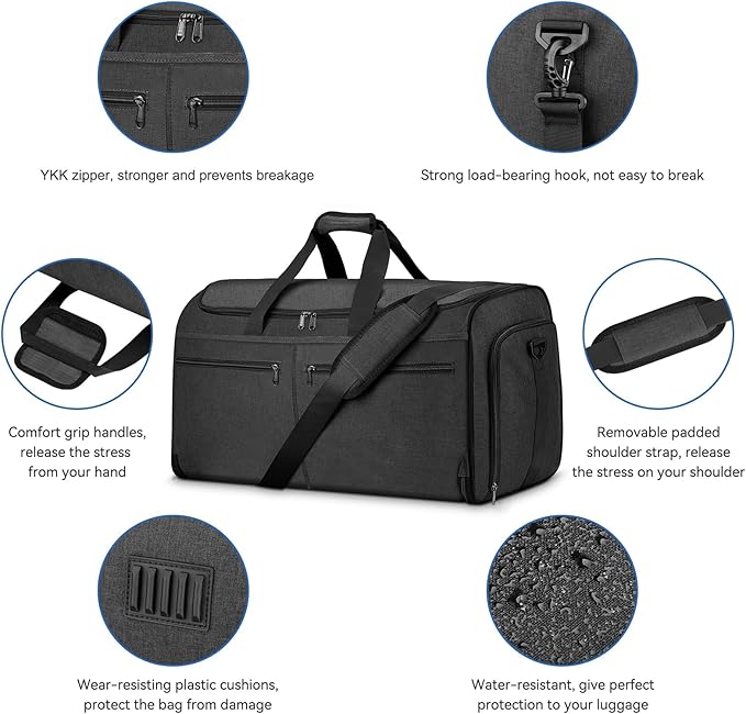 Garment Duffle Bags for Travel, Bukere Convertible Carry on Garment Duffel Bag for Men Women, Shoe Compartment, 2 in 1 Hanging Dress Suitcase Suit Travel Bags, Midnight Grey