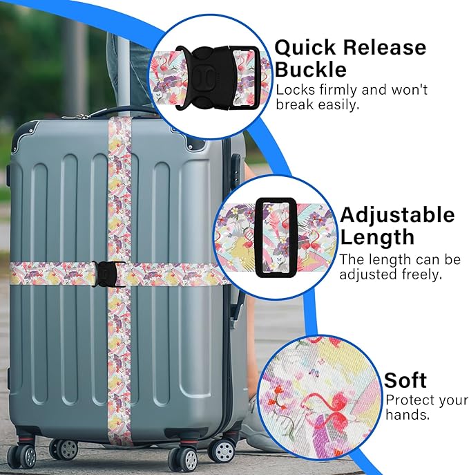 Luggage Straps for Suitcases, Travel Adjustable Belt with Quick Release Buckle, Heavy Duty Nylon Bag Packing Strap, Unique Bright Identifiers Business Travel Accessories (2 Pack) - Flamingo