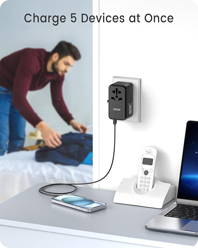 LENCENT Universal Travel Adapter, 100W GaN3 International Adaptor with 2 QC4.0 USB-A+2 PD3.0 Type-C PPS Fast Charging, Worldwide Wall Charger for iPhone,Samsung,Laptop, Plug Adapter USA/UK/EU/AU Black