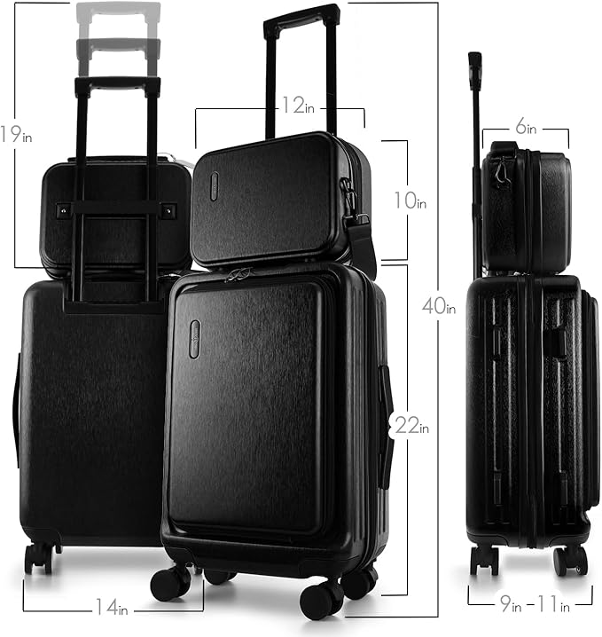 22 Inch Carry On Luggage 22x14x9 Airline Approved, Carry On Suitcase with Wheels, Hard-shell Carry-on Luggage, Durable Luggage Carry-On, Jet Black Small Suitcase with Cosmetic Case
