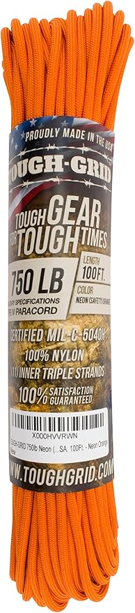 TOUGH-GRID 750 Paracord Rope Nylon Parachute Cord, Made in USA Survival Kit, Outdoor Adventures, Camping, Tactical Gear & Emergency Supplies, Military Type IV Mil-Spec