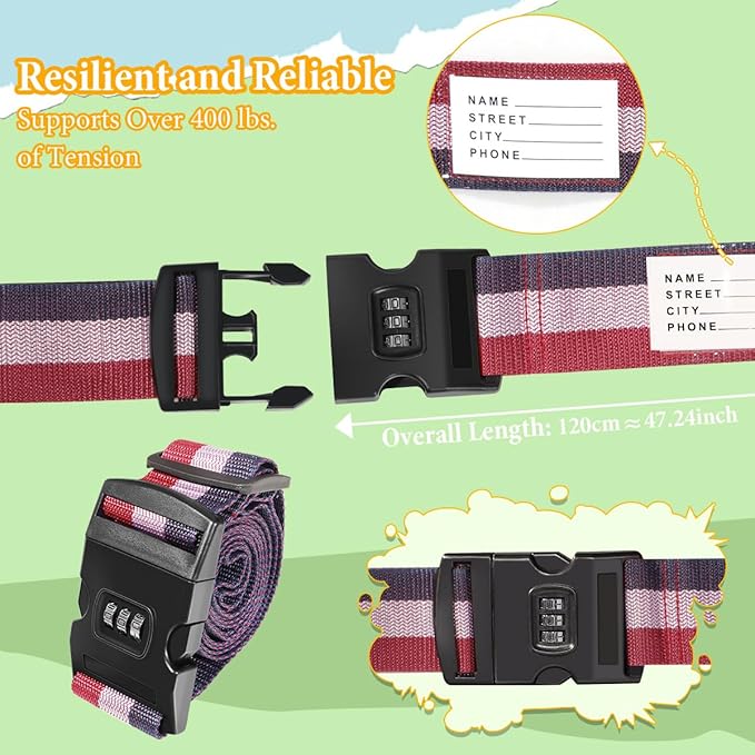 Adjustable Luggage Straps with Combination Lock – 2 Pack Bright Colors, Quick-Release Buckle, Secure Travel Luggage Straps for Added Safety（Tricolor)