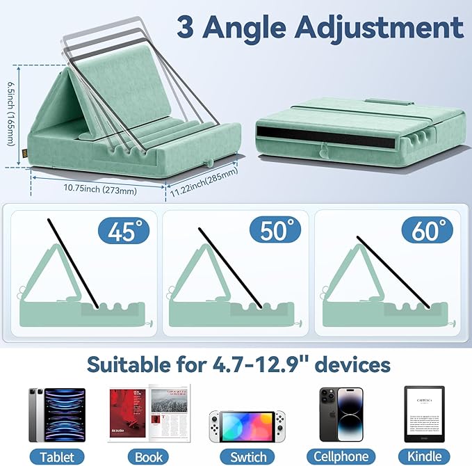 KDD Tablet Pillow Holder, Foldable iPad Stand for Lap, Bed and Desk -Tablet Soft Pad Dock with Pocket & Stylus Mount Compatible with iPad Pro 12.9, 10.5, 9.7 Air Mini 6 5 4 3, E-Reader