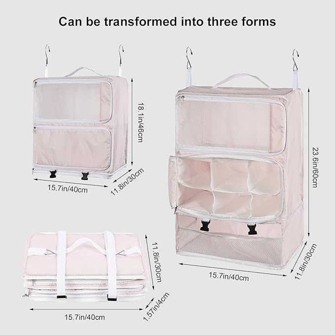 TABITORA Travel Portable Hanging Shelves Closet Organizer Packing Luggage Storage with Multifunctional and Foldable Invisible Compartment,Lightweight, for Suitcase, RV,Closet…Pink,XXL