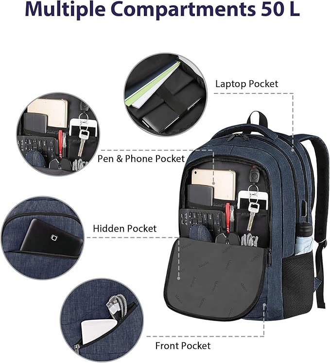 MATEIN Extra Large Laptop Backpack for Men, 50 L Travel Carry On TSA Approved Backpack with USB Port & Trolley Sleeve, Waterproof Business Work Bag Fits 18.4 Inch Computer Notebook, Dark Blue