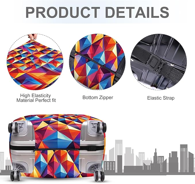 ANNA QUEEN Colorful Geometric Luggage Cover, Abstract Prism Pattern Suitcase Protector, Stretchable, Washable Travel Cover for 28-30 Inch Luggage, Bright, Durable & Eye-Catching