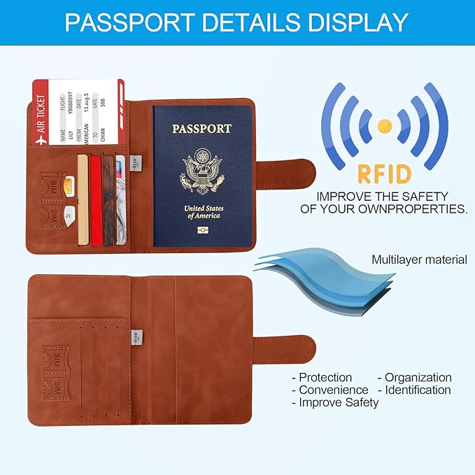 Passport Holders, RFID Blocking Credit Card Holder, PU Leather Passport Holders for Travel with Magnetic Buckle, Travel Must Haves Cruise Ship Essentials for Men, Women (Brown)