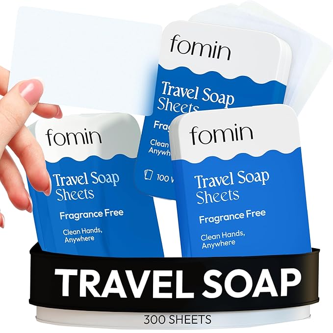 FOMIN - Antibacterial Paper Soap Sheets Tin for Traveling - (300 Sheets) Unscented - Portable Travel Hand Soap Sheet, Dissolvable Mini Camping Hand Soap for Hand Washing