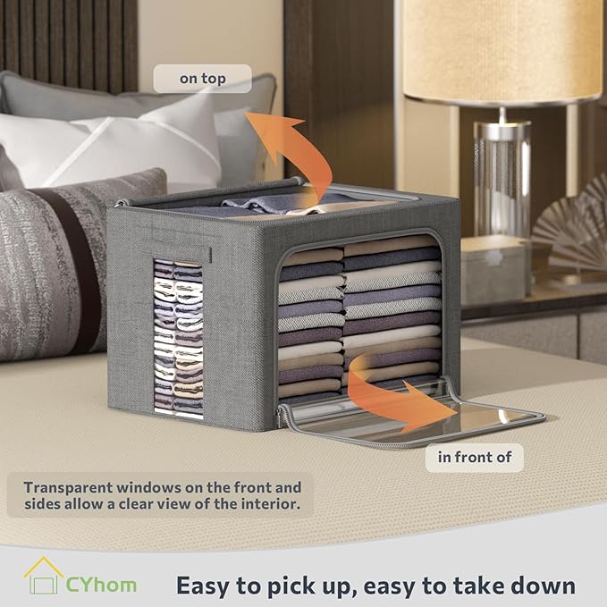 CYhom 4 Pack Clothes Storage Bins with Metal Frame - Linen Fabric Foldable Stackable Container Organizer Set with Clear Window & Carry Handles & Zippers (Dark Gray, 19.7"x15.7"x13")