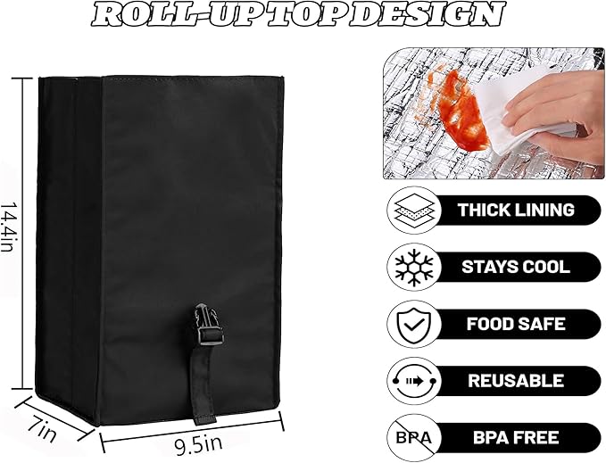 Insulated Foldable Lunch Bag- Lightweight Portable with Adjustable Shoulder Strap Lunch Box for Men, Women, Office, Work, Picnic, Hiking and Beach (Black(Soft Fabric))