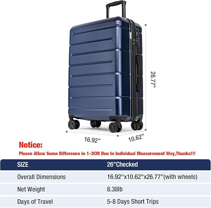 KYME Suitcases with Wheels Hardshell 26 Inch Luggage with TSA Lock Durable Medium Checked Travel Rolling Luggage with Cup Holder for Women Men Navy