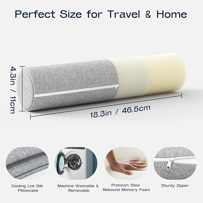 Neck Roll Pillow, Memory Foam Neck Support Pillows, Round Neck Pillows, Cylinder Bolster Pillows for Bed, Couch, and Yoga, Removable Washable Cover,18 * 4 * 4 inch (Grey)
