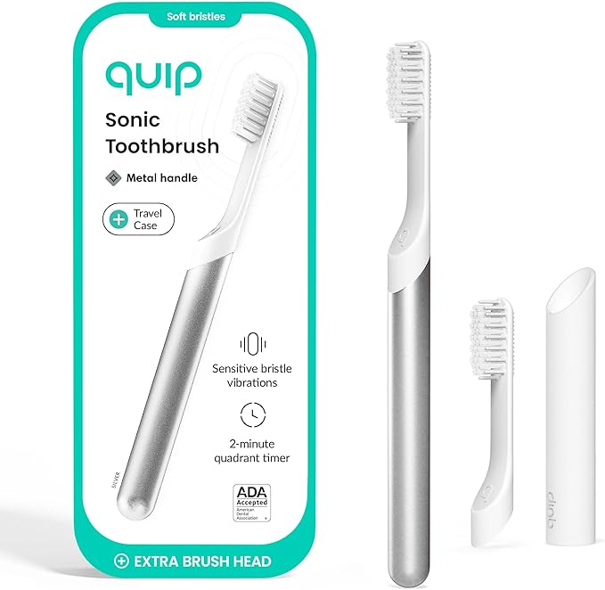 Quip Sonic Toothbrush for Adults with Timer - Includes Extra Brush Head and Travel Cover Mount - Electric, Soft Bristle Refill Head, Metal Handle, 3 Month Battery Life - Travel Toothbrush - Silver