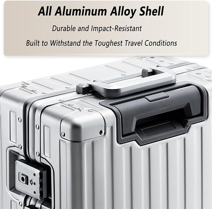 20 Inch All Aluminum Carry On Luggage 22x14x9 Airline Approved with Spinner Wheels,Hard Shell Zipperless Lightweight Small Suitcase with TSA Approved for Travel Business Women Men,Silver