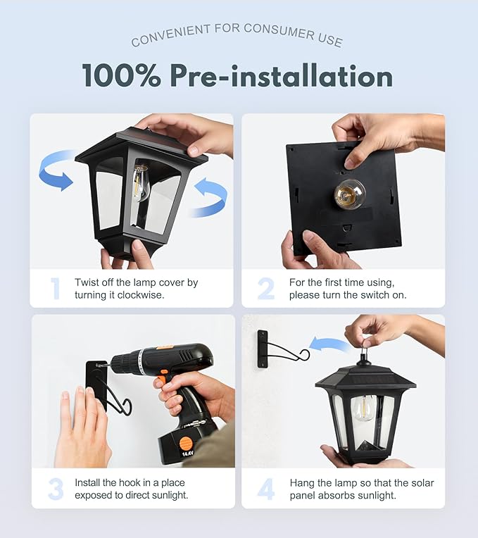 PASAMIC 2 Pack Solar Wall Lights with Replaceable Bulb, IP65 Waterproof Outdoor Sconce, 4 Solar Panels, 3000K Warm White, Automatic Dusk to Dawn Lighting for Porch, Garden, Patio, Garage, Fence