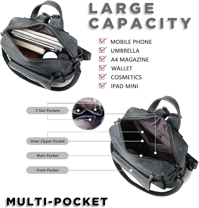 PU Leather Backpack Purse for Women Fashion Multipurpose Design Handbag Ladies Shoulder Bags Travel Backpack Blue Grey