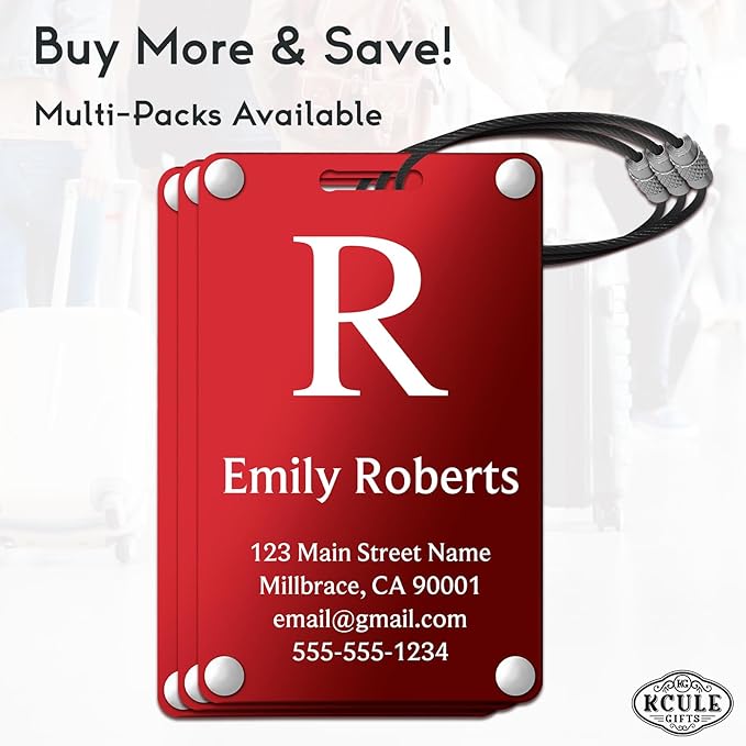 Personalized Luggage Tags: Custom Metal Luggage Tags for Suitcases, Backpacks and Bags with Your Personalized Text (Red)