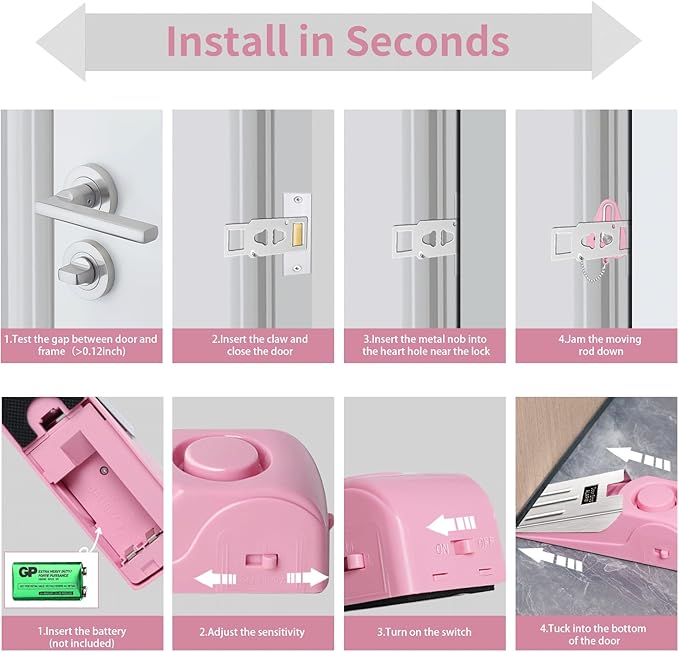 Portable Door Lock & Door Stop Alarm Set, Dual Protection Home Security Door Kit, Travel Hotel Door Lock Devices Pocket Self Defensey Tools for Traveling Hotel Home Apartment,Pink