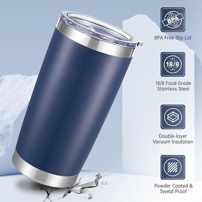 20 oz Tumbler Stainless Steel Tumblers with Lid Double Wall Vacuum Insulated Coffee Mug 20oz Powder Coated Cup for Hot and Cold Drinks, Navy, 1 pack
