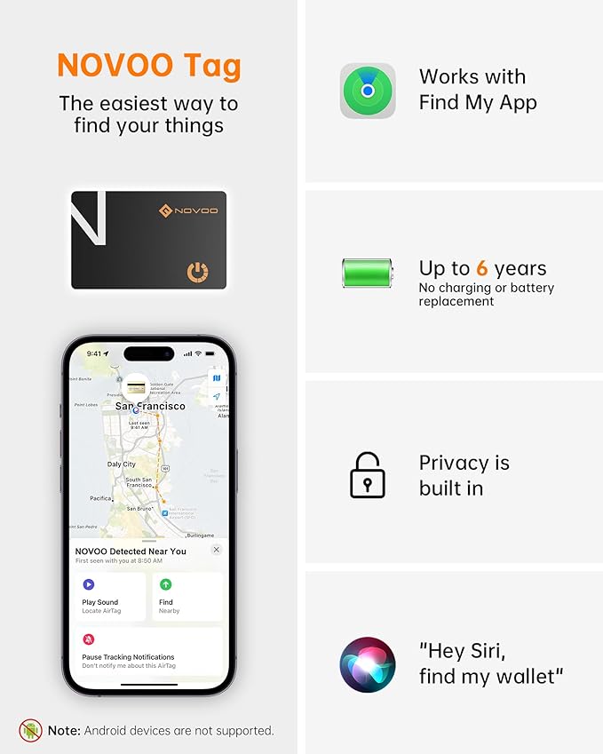 NOVOO Air Locator Tag (iOS Only) Wallet Tracker Card with Apple Find My, Smart Card Bluetooth Tracker, 6 Years Battery, IP68 Waterproof, 1.6mm Keys Finder and Item Locator for Keys, Bags, Passport